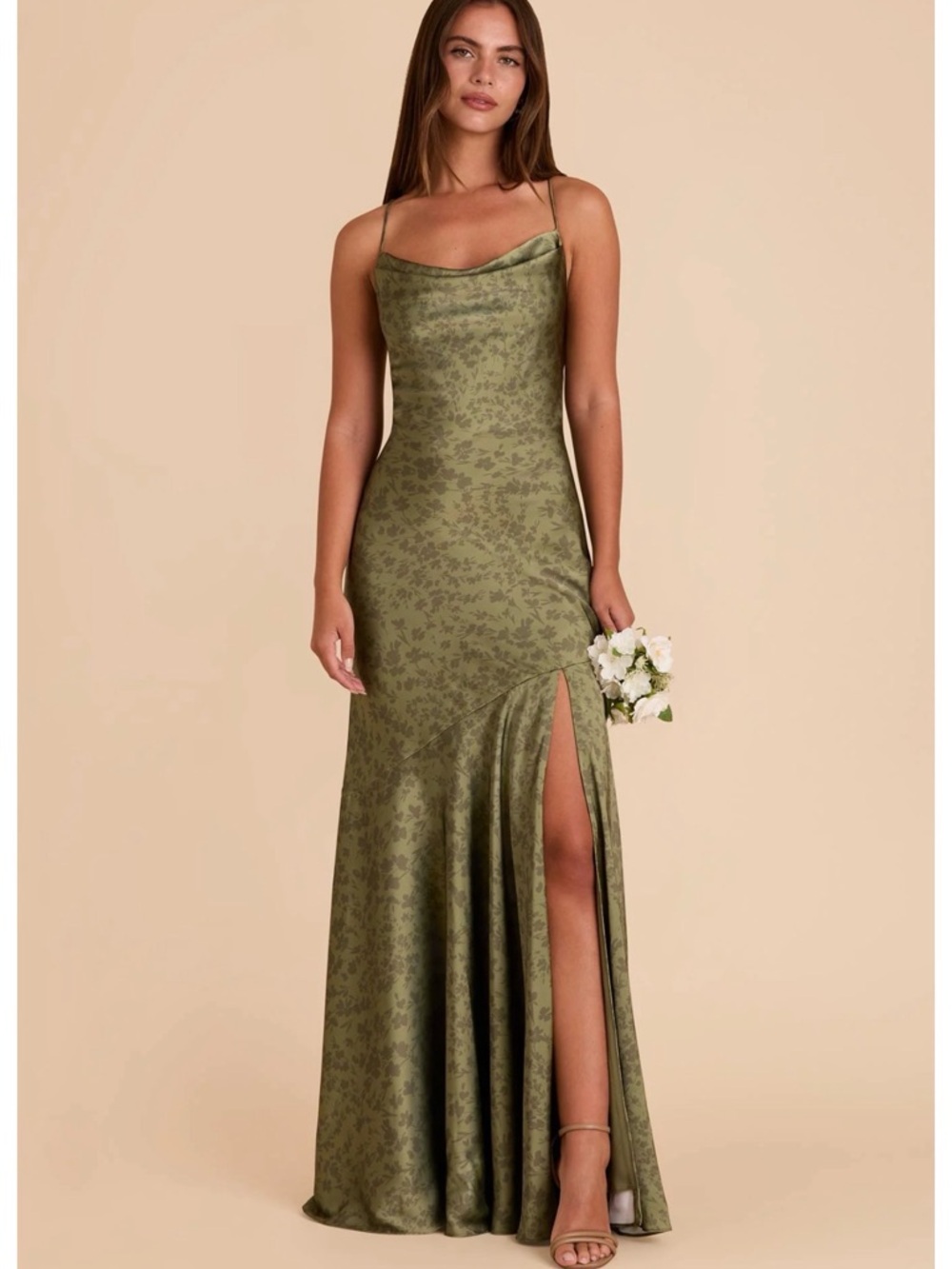 Olive Green Cowl Neck Satin Slip Dress with Side Slit